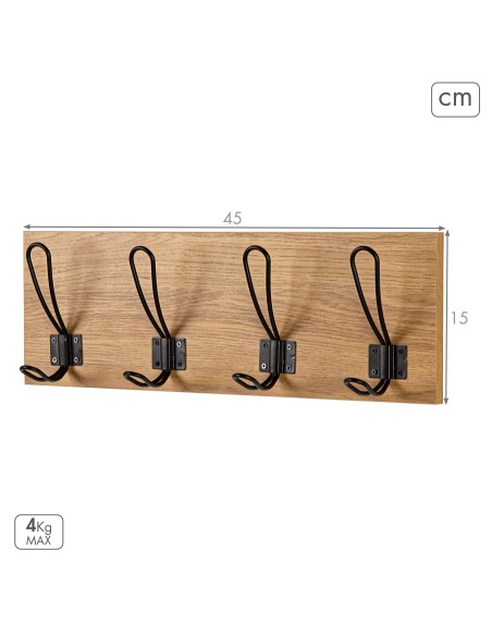 Max Home : porte-manteau mural en bois, 4 crochets, 45 x 7 x 15 cm