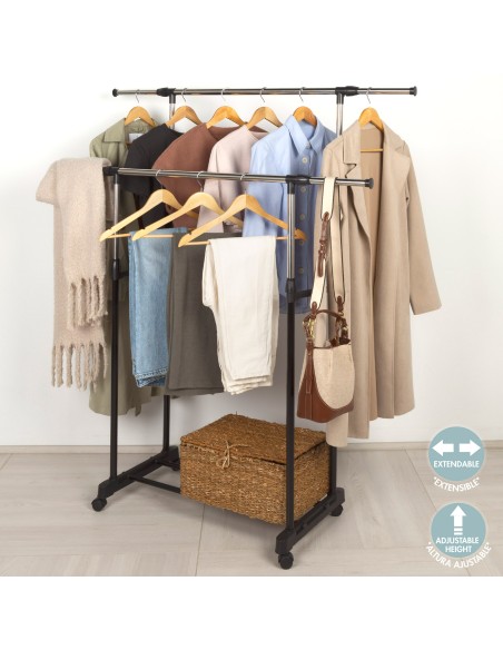 Max Home Burro : portant à double barre, réglable en longueur et en hauteur, avec roulettes et grille inférieure