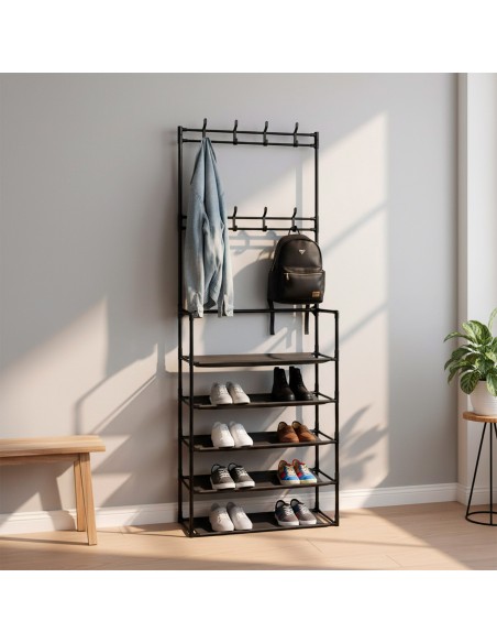 Max Home : porte-manteau sur pied 60 x 25 x 173 cm en plastique, avec 8 cintres et 5 étagères