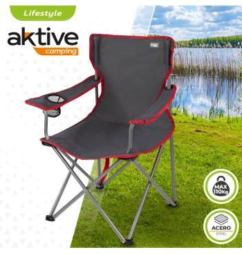 Chaise de camping pliante grise avec porte-gobelets 2