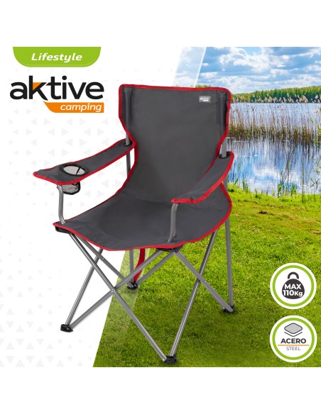Chaise de camping pliante grise avec porte-gobelets