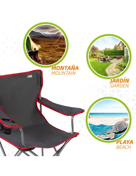 Chaise de camping pliante grise avec porte-gobelets
