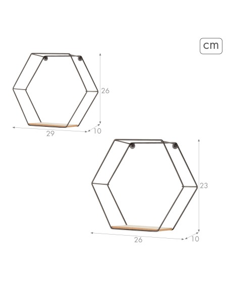 Ensemble Max Home : 2 étagères murales hexagonales en bois, 1 tablette de 26 x 10 x 23 cm et 1 autre de 29 x 10 x 26 cm