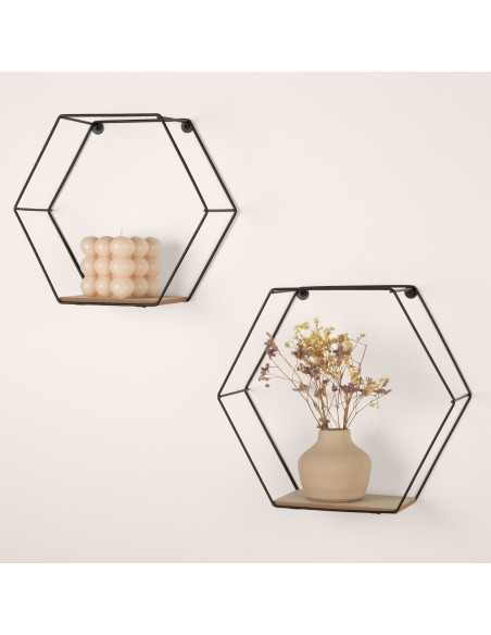 Ensemble Max Home : 2 étagères murales hexagonales en bois, 1 tablette de 26 x 10 x 23 cm et 1 autre de 29 x 10 x 26 cm