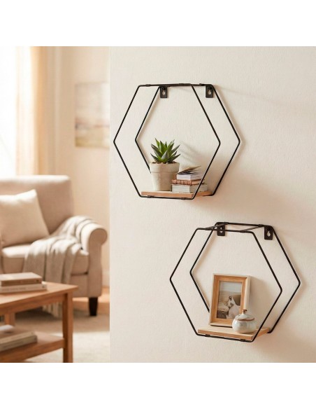 Max Home Set : 2 étagères murales hexagonales en bois, avec 1 tablette de 27 x 10 x 24 cm et une autre de 30 x 10 x 25 cm