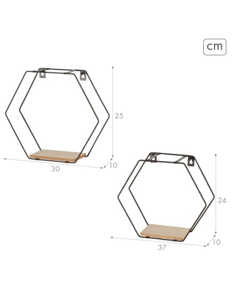 Max Home Set : 2 étagères murales hexagonales en bois, avec 1 tablette de 27 x 10 x 24 cm et une autre de 30 x 10 x 25 cm