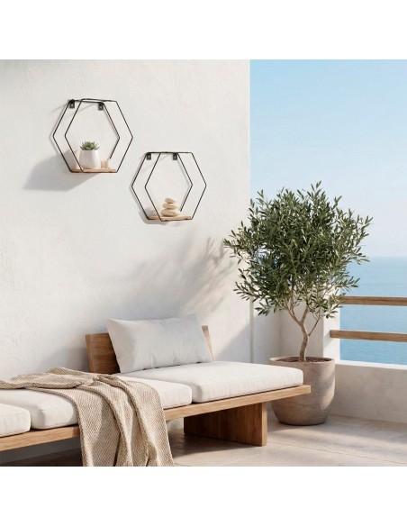 Max Home Set : 2 étagères murales hexagonales en bois, avec 1 tablette de 27 x 10 x 24 cm et une autre de 30 x 10 x 25 cm