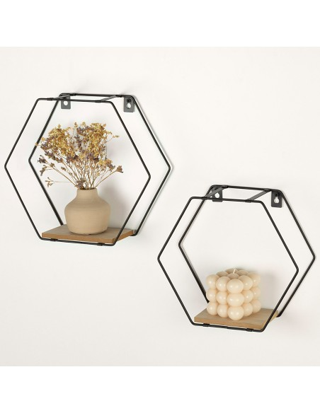 Max Home Set : 2 étagères murales hexagonales en bois, avec 1 tablette de 27 x 10 x 24 cm et une autre de 30 x 10 x 25 cm
