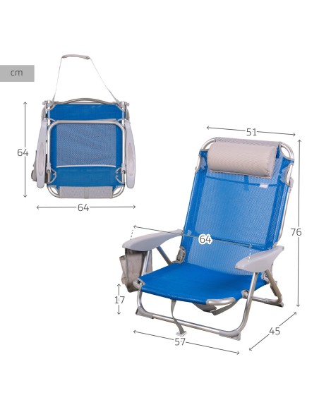 Chaise de plage basse multiposition XL 51x45x76 cm bleu