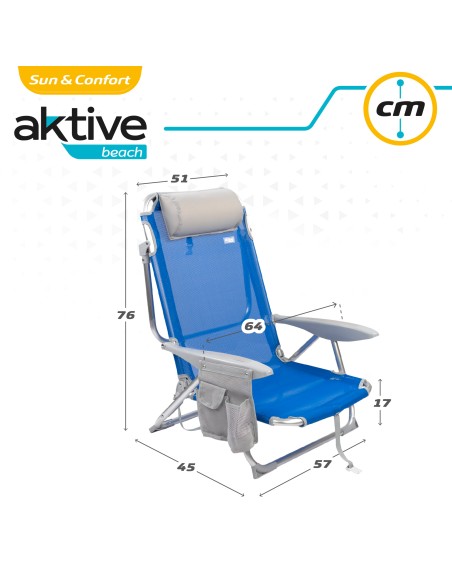 Chaise de plage basse multiposition XL 51x45x76 cm bleu