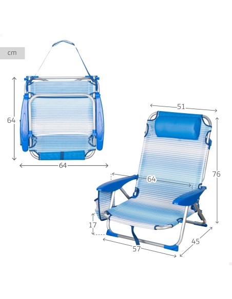 Silla playa baja XL multiposición 51x45x76 cm rayas azul