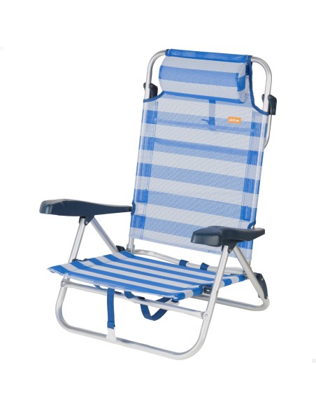 Chaise de plage pliante et inclinable 8 positions avec rayures avec coussin et poignées