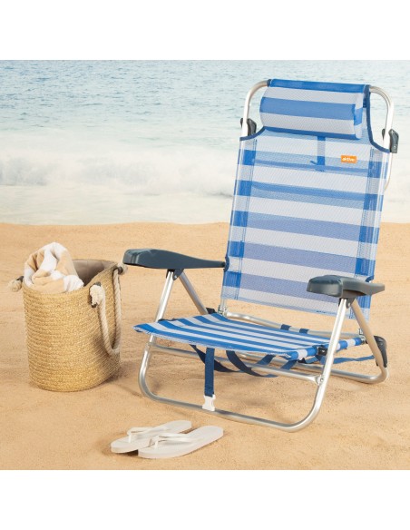 Chaise de plage pliante et inclinable 8 positions avec rayures avec coussin et poignées
