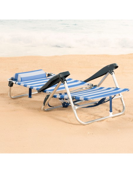 Chaise de plage pliante et inclinable 8 positions avec rayures avec coussin et poignées