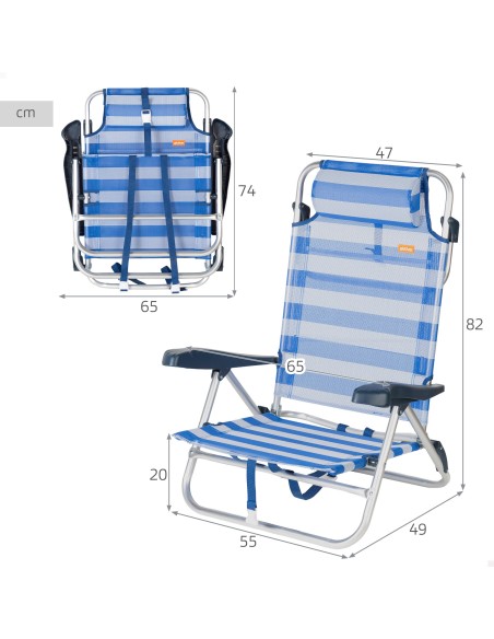Chaise de plage pliante et inclinable 8 positions avec rayures avec coussin et poignées