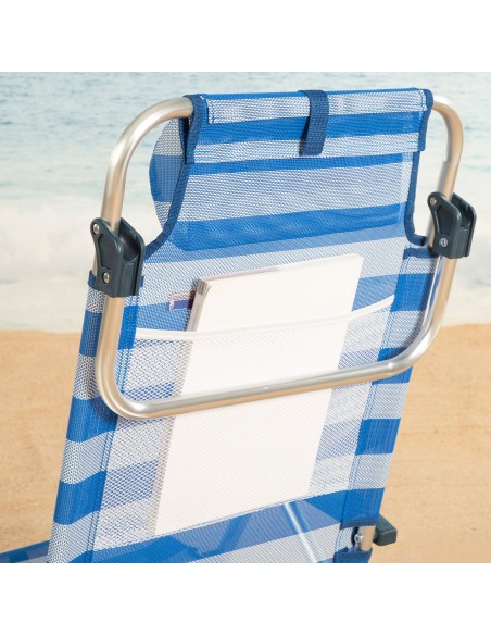 Chaise de plage pliante et inclinable 8 positions avec rayures avec coussin et poignées