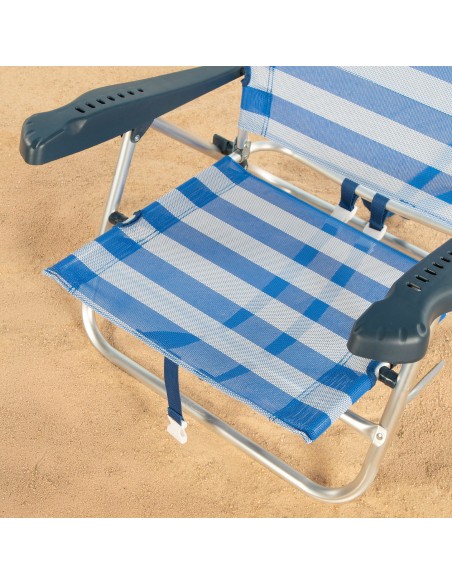 Chaise de plage pliante et inclinable 8 positions avec rayures avec coussin et poignées
