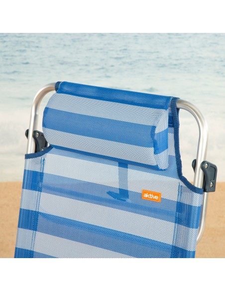 Chaise de plage pliante et inclinable 8 positions avec rayures avec coussin et poignées