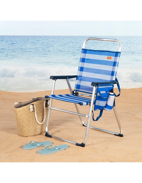Chaise de plage haute fixe 48x50x88 cm avec rayures marinières et pochette