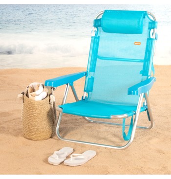 Chaise de plage basse multiposition 48x46x84 cm bleu 2