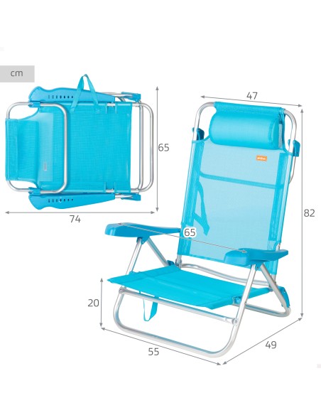 Silla playa baja multiposición 47x49x82 cm azul