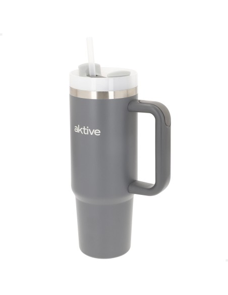 Bouteille thermos grise en acier inoxydable de 900 ml avec couvercle à vis 3 positions avec paille et poignée ergonomique