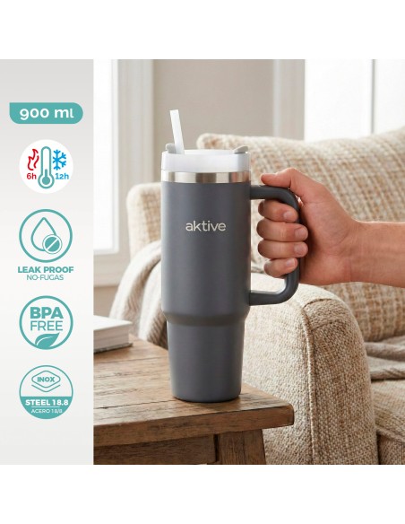 Bouteille thermos grise en acier inoxydable de 900 ml avec couvercle à vis 3 positions avec paille et poignée ergonomique