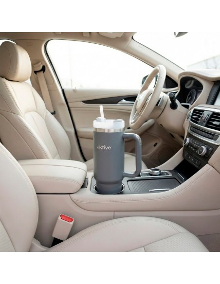 Bouteille thermos grise en acier inoxydable de 900 ml avec couvercle à vis 3 positions avec paille et poignée ergonomique