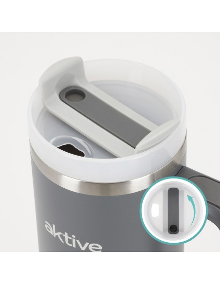 Bouteille thermos grise en acier inoxydable de 900 ml avec couvercle à vis 3 positions avec paille et poignée ergonomique