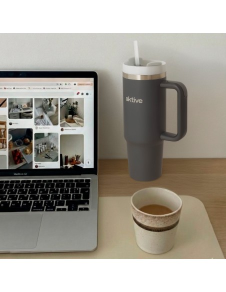 Bouteille thermos grise en acier inoxydable de 900 ml avec couvercle à vis 3 positions avec paille et poignée ergonomique