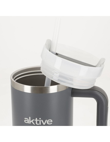 Bouteille thermos grise en acier inoxydable de 900 ml avec couvercle à vis 3 positions avec paille et poignée ergonomique