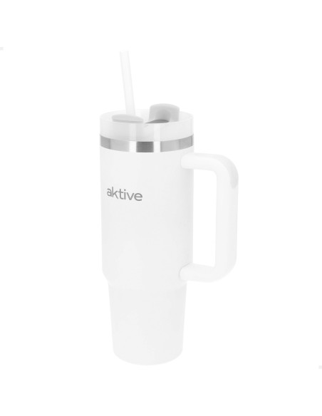 Thermos blanc 900 ml couvercle à vis en acier inoxydable 3 positions avec paille et poignée ergonomique