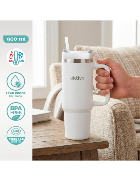 Thermos blanc 900 ml couvercle à vis en acier inoxydable 3 positions avec paille et poignée ergonomique