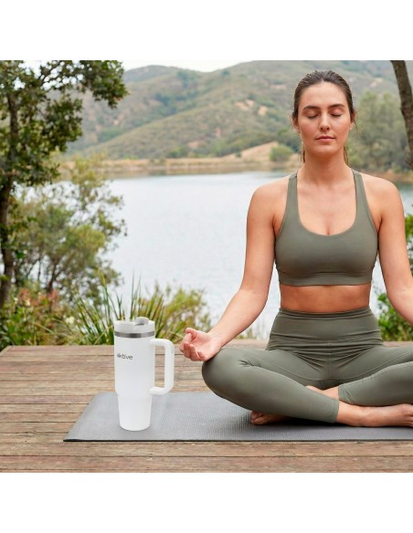 Thermos blanc 900 ml couvercle à vis en acier inoxydable 3 positions avec paille et poignée ergonomique
