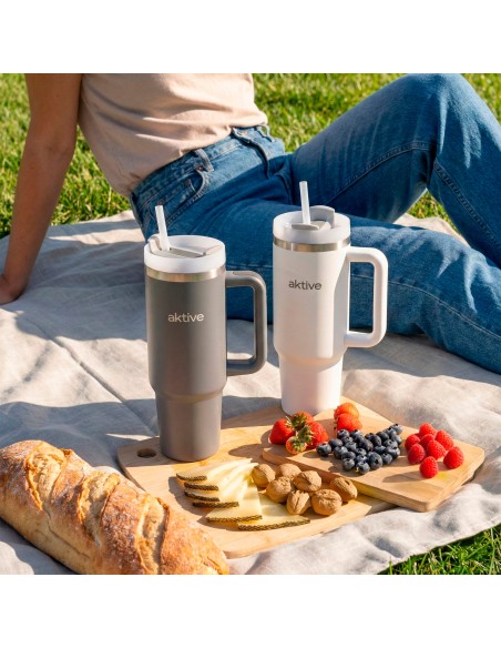 Thermos blanc 900 ml couvercle à vis en acier inoxydable 3 positions avec paille et poignée ergonomique