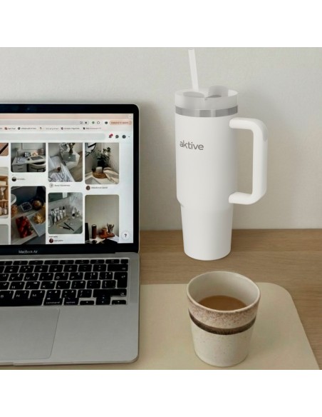 Thermos blanc 900 ml couvercle à vis en acier inoxydable 3 positions avec paille et poignée ergonomique
