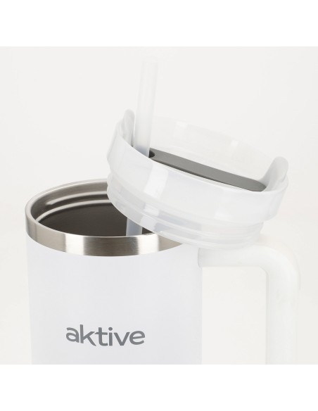 Thermos blanc 900 ml couvercle à vis en acier inoxydable 3 positions avec paille et poignée ergonomique