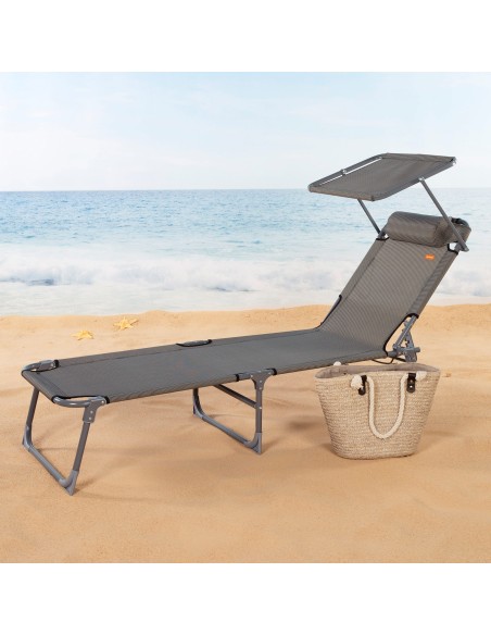 Bain de soleil de plage pliant avec parasol et coussin rembourré gris
