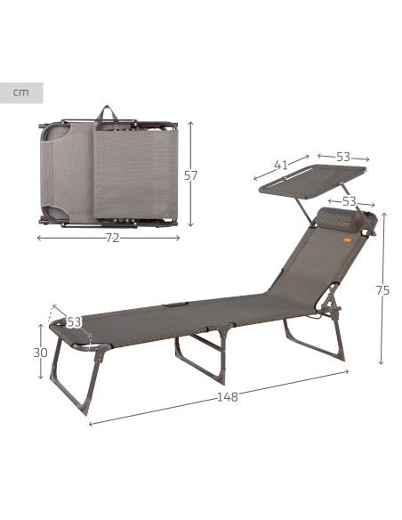 Bain de soleil de plage pliant avec parasol et coussin rembourré gris