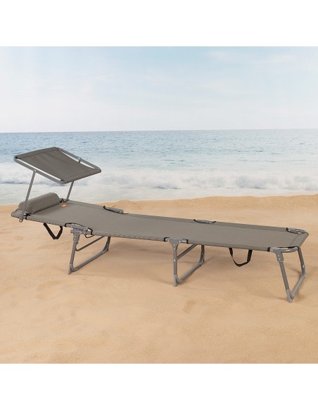 Bain de soleil de plage pliant avec parasol et coussin rembourré gris