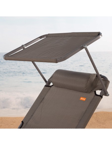 Bain de soleil de plage pliant avec parasol et coussin rembourré gris