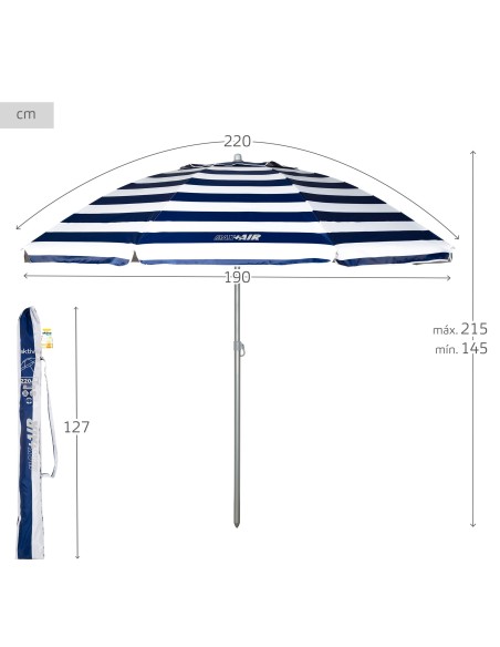Parapluie de plage coupe-vent 8 tiges 220 cm rayures marinières