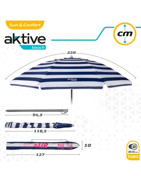Parapluie de plage coupe-vent 8 tiges 220 cm rayures marinières
