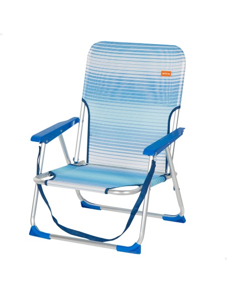 Chaise de plage basse pliante à rayures bleues avec accoudoir