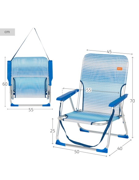 Chaise de plage basse pliante à rayures bleues avec accoudoir