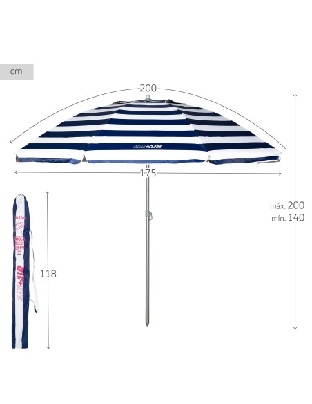 Parapluie de plage coupe-vent 8 tiges 200 cm rayures marinières
