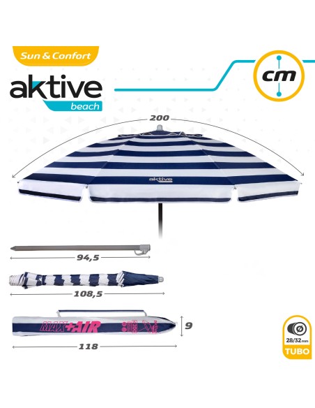 Parapluie de plage coupe-vent 8 tiges 200 cm rayures marinières