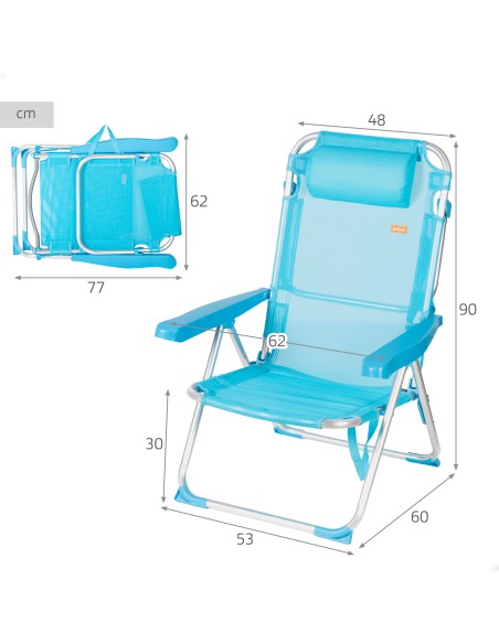 Chaise de plage haute multipositions 48x60x90 cm bleu