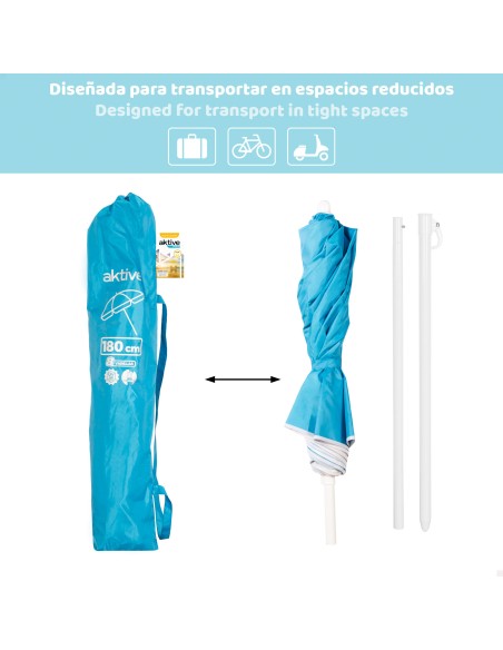 Parapluie de plage pliant compact avec 8 tiges 180 cm bleu