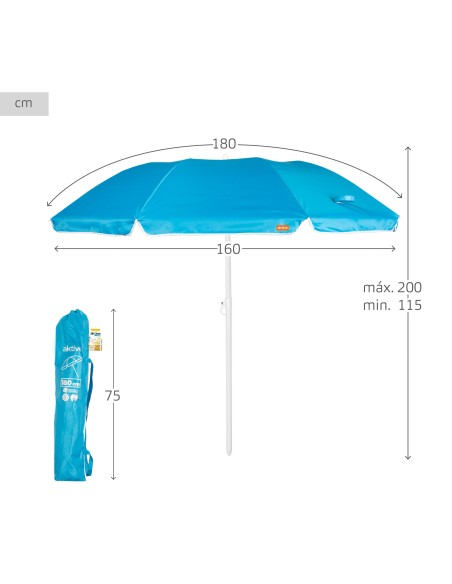 Parapluie de plage pliant compact avec 8 tiges 180 cm bleu